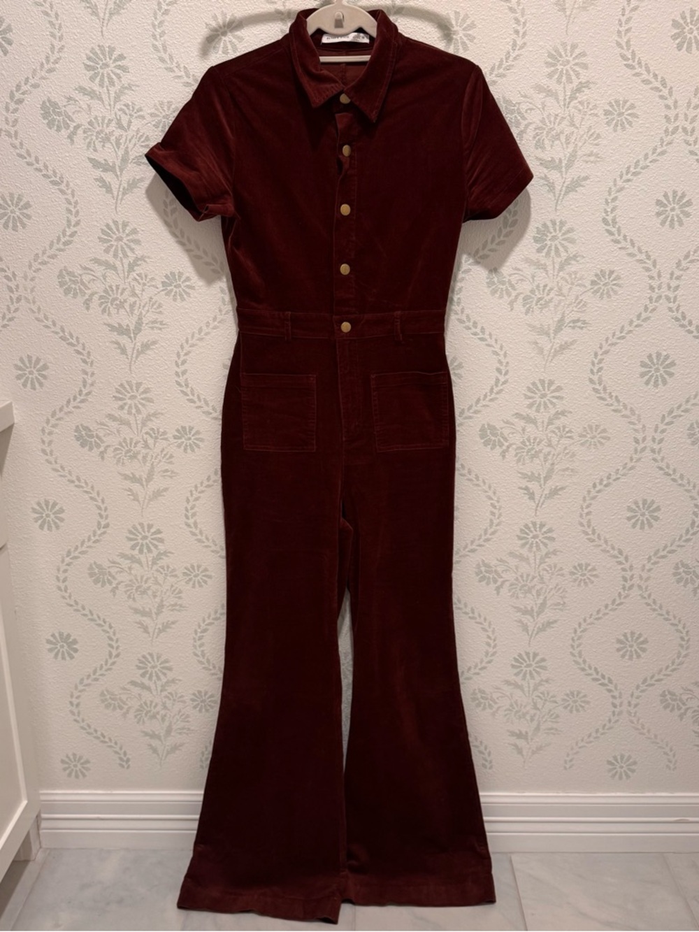 Altar’d State Short-Sleeve corduroy Velvet Jumpsuit in Deep Burgundy/Maroon.